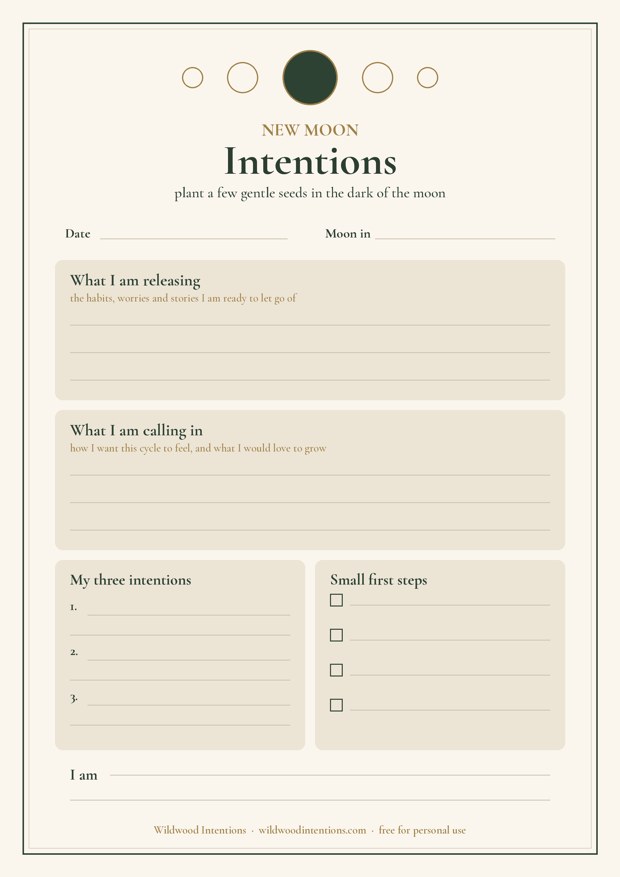 Preview of the printable New Moon Intentions Sheet with spaces for releasing, calling in, three intentions and small first steps